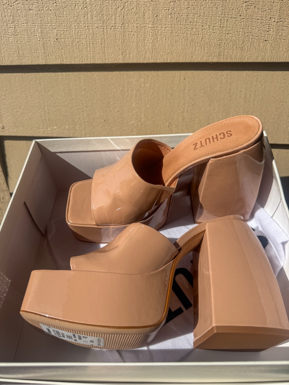 NEW - Schutz Aretha - Nude - Patent Platform Mule Heels